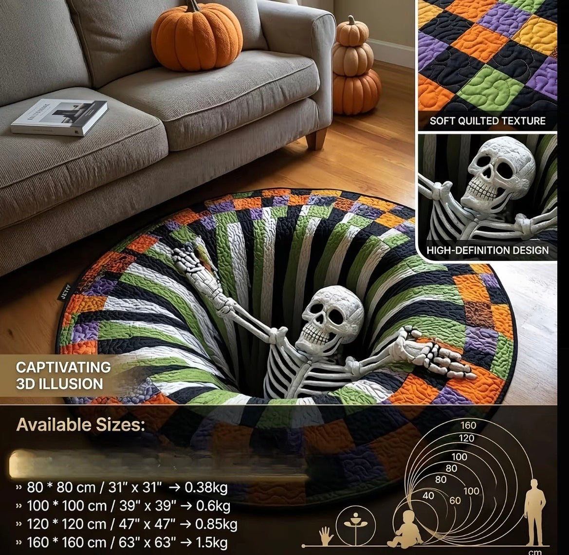 3D Skeleton Vortex Halloween Rug, Round Illusion Mat