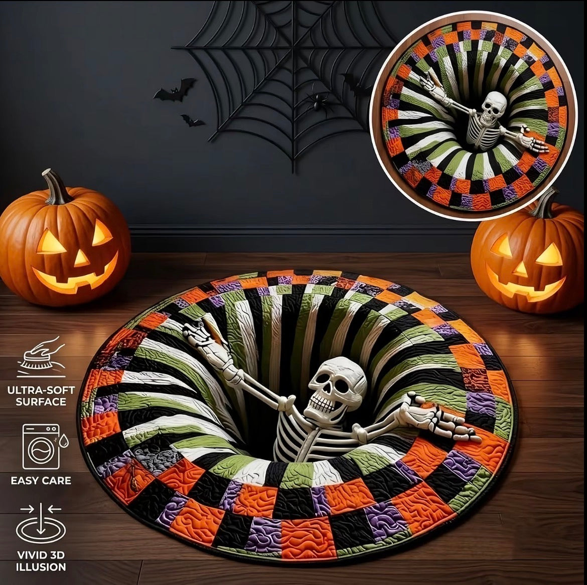 3D Skeleton Vortex Halloween Rug, Round Illusion Mat